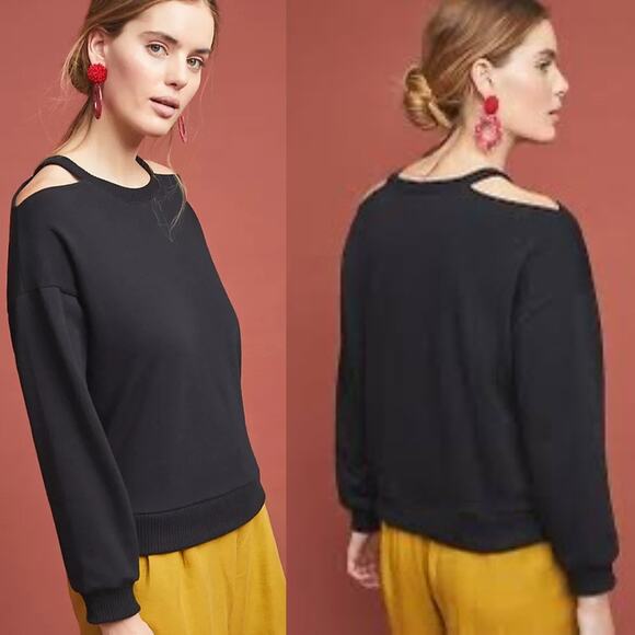 MAEVE ANTHROPOLOGIE BLACK OPEN SHOULDER PEEKABOO SWEATSHIRT SIZE SMALL - Picture 1 of 9